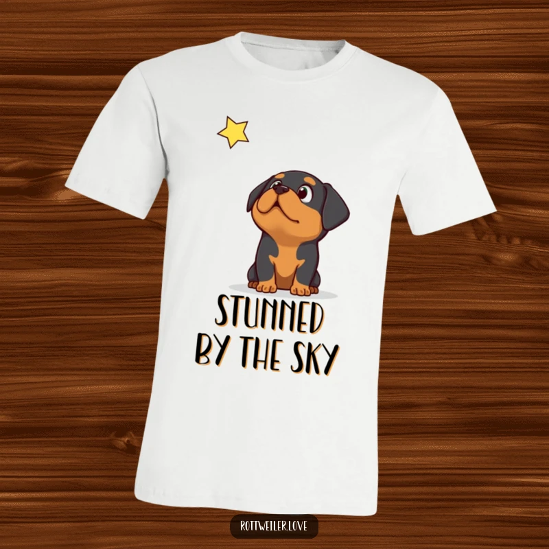 Funny Rottweiler dog looking upwards in surprise at a falling star, printed on a playful t-shirt.