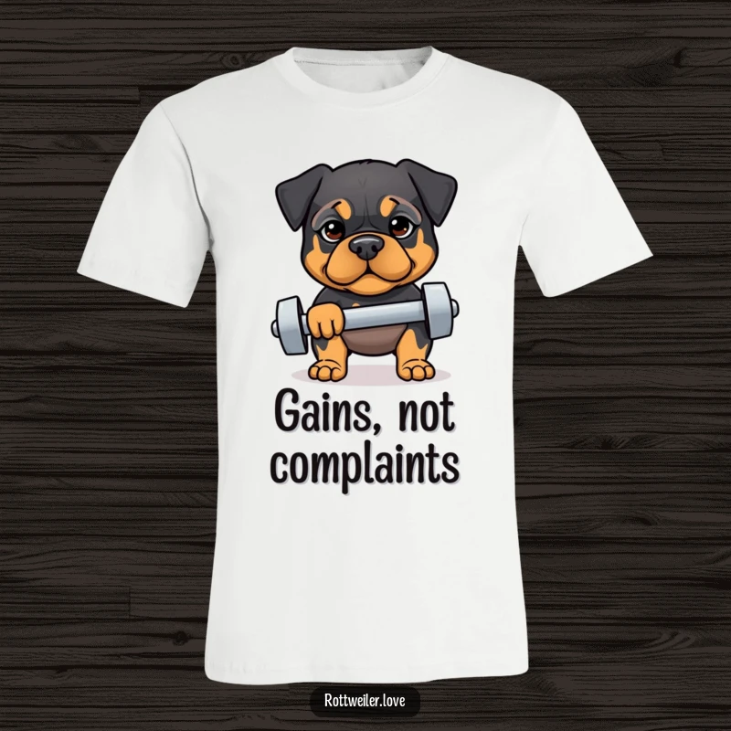 Funny t-shirt depicting a Rottweiler with a determined expression lifting a dumbbell, embodying strength and humorous fitness goals.