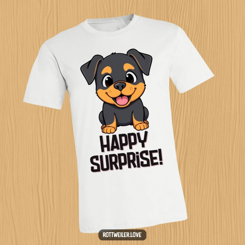 Funny Kawaii Rottweiler t-shirt featuring a surprised but happy expression, perfect for showing delight.