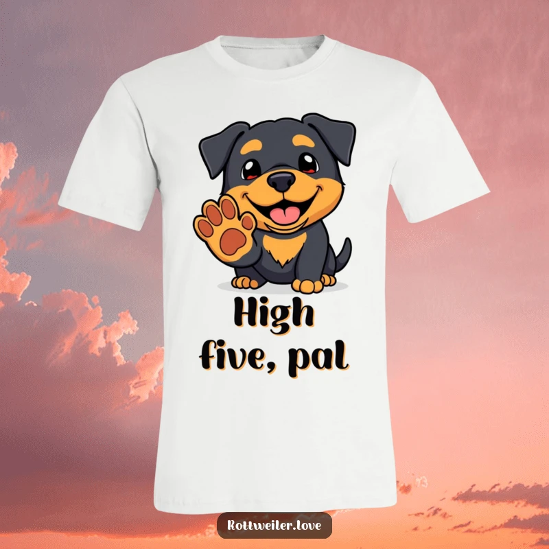 Funny kawaii rottweiler t-shirt featuring a friendly Rottie offering a paw, a super cute and humorous dog graphic.