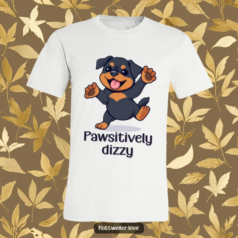 Funny Rottweiler dog spinning with joy, paws in the air, printed on a high-quality t-shirt.