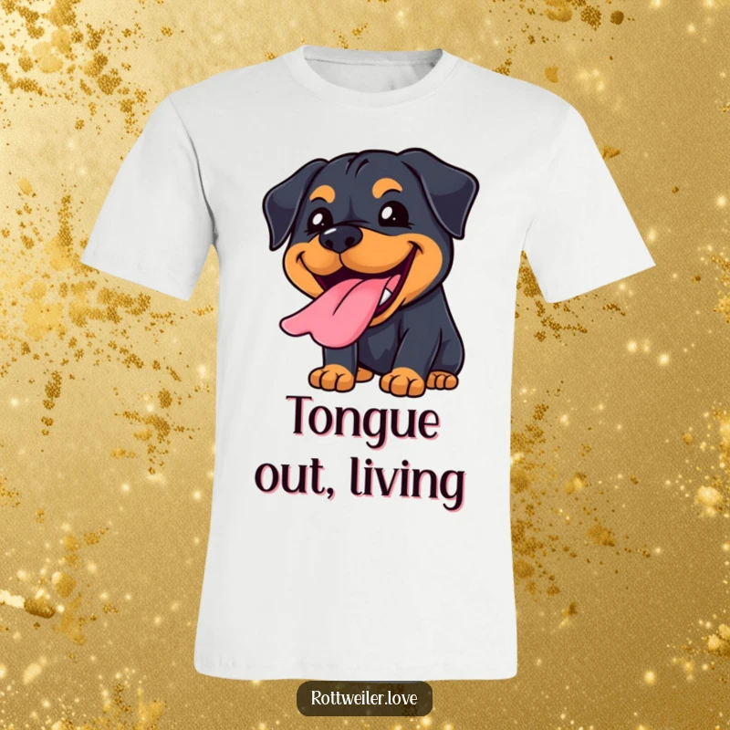 Funny Kawaii Rottweiler t-shirt with a big, joyful grin and tongue lolling out, radiating happiness.