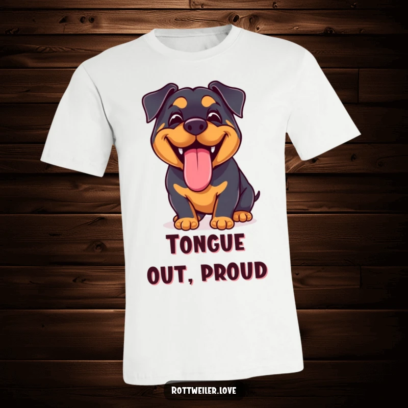 Funny Kawaii Rottweiler T-Shirt depicting a happy dog with a wide, joyful grin and its tongue lolling out, embodying pure canine bliss.