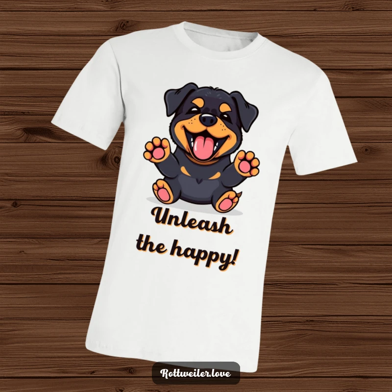 Funny Kawaii Rottweiler t-shirt featuring a happy bark and front paws enthusiastically raised, perfect for dog lovers.