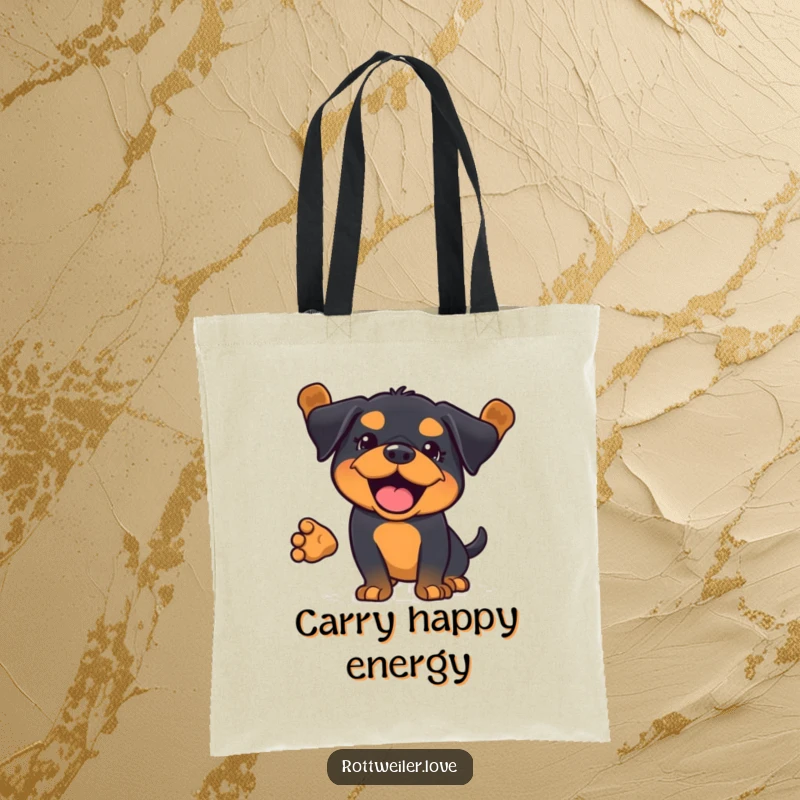 Funny Kawaii Rottweiler tote bag showcasing a full body wag, perfect for carrying essentials with happiness.