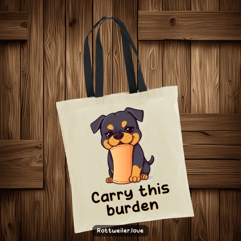 Funny Rottweiler Tote Bag: A Rottweiler with a goofy expression tries to balance a cone with comical effort.