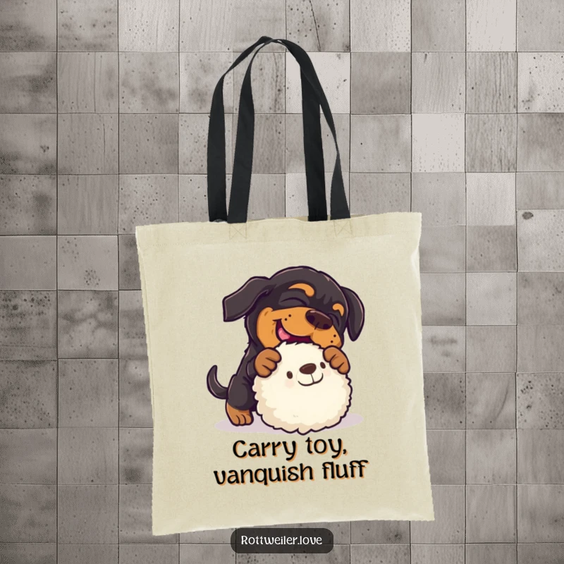 Funny rottweiler tote bag showing a dog mid-pounce on a stuffed toy, great for carrying essentials with a humorous touch.