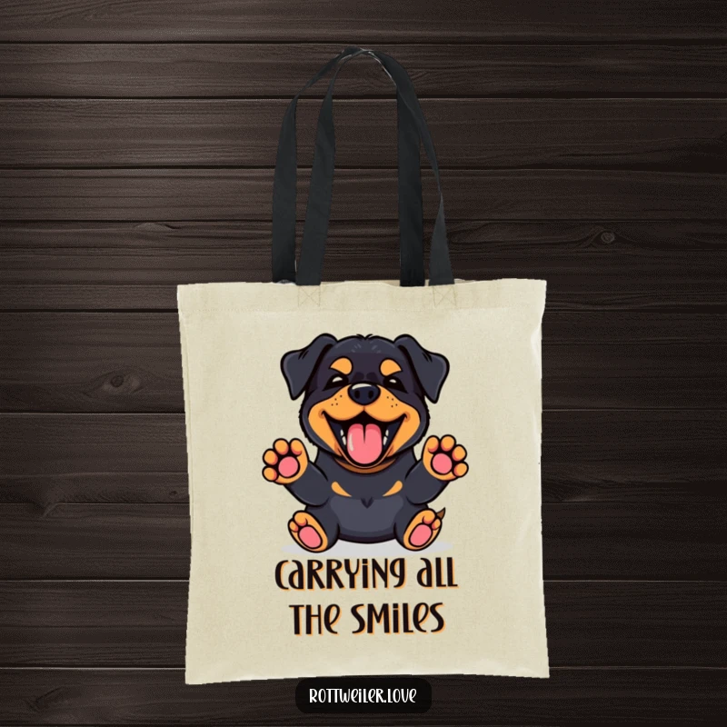 Funny Kawaii Rottweiler tote bag showing a happy bark and paws up, great for eco-conscious dog enthusiasts.