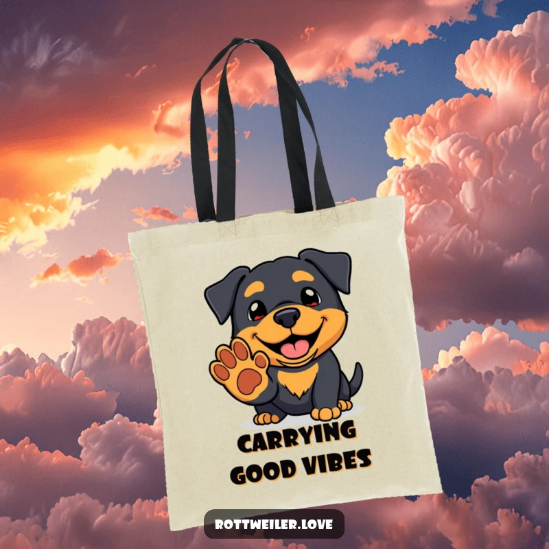Funny kawaii rottweiler tote bag with a friendly grin, offering a paw, showcasing adorable and humorous doggy style.