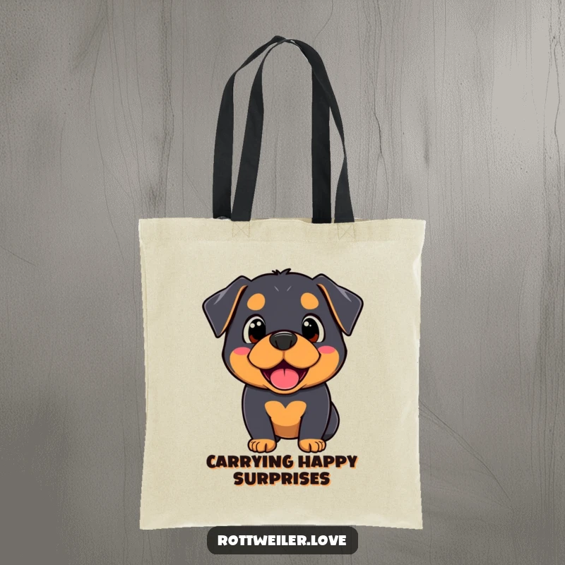 Funny Kawaii Rottweiler tote bag featuring a dog with a surprised yet happy expression, perfect for carrying items with a humorous touch.