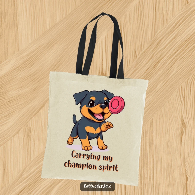 Funny Rottweiler tote bag illustrated with a dog's dynamic leap to catch a frisbee, showcasing sporty fun.