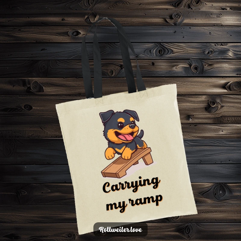 Funny Rottweiler tote bag with a happy Rottweiler sliding down a ramp, tongue out in pure glee. Durable canvas.