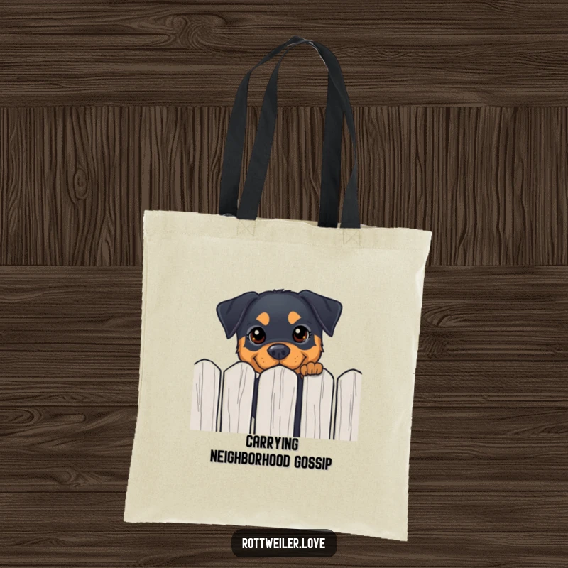 Funny Rottweiler tote bag with a dog peeking over a fence, adding curious and happy humor to your day.