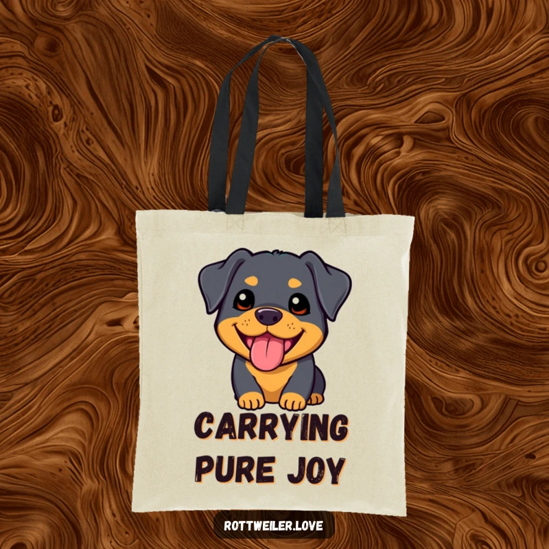Funny kawaii rottweiler tote bag with an adorable dog sporting a happy panting expression, perfect for carrying essentials in style.