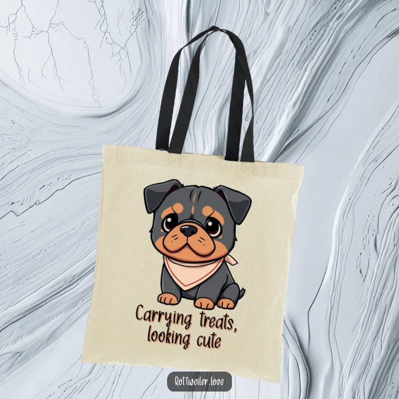 Funny Kawaii Rottweiler tote bag showcasing an endearing dog wearing a small, cute bandana, ideal for carrying groceries or daily items.