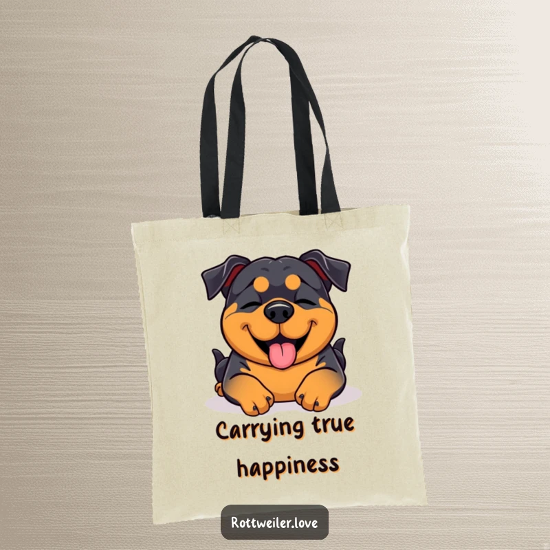 Funny Rottweiler dog blissfully enjoying a belly rub with eyes closed, on a sturdy and charming tote bag.