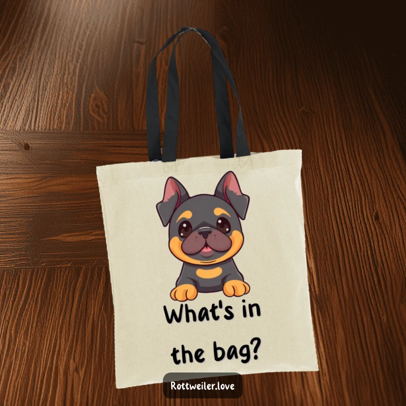 Funny Kawaii Rottweiler tote bag depicting a dog with ears perked, looking eagerly at something fun, perfect for daily use.