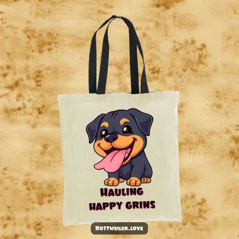 Funny Kawaii Rottweiler tote bag with a big, joyful grin and tongue lolling out, perfect for happy errands.