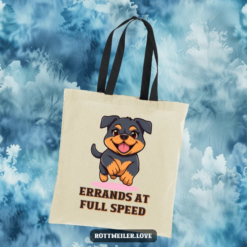 Funny Kawaii Rottweiler tote bag capturing a determined yet cheerful dog in full stride, perfect for carrying workout gear or daily items.
