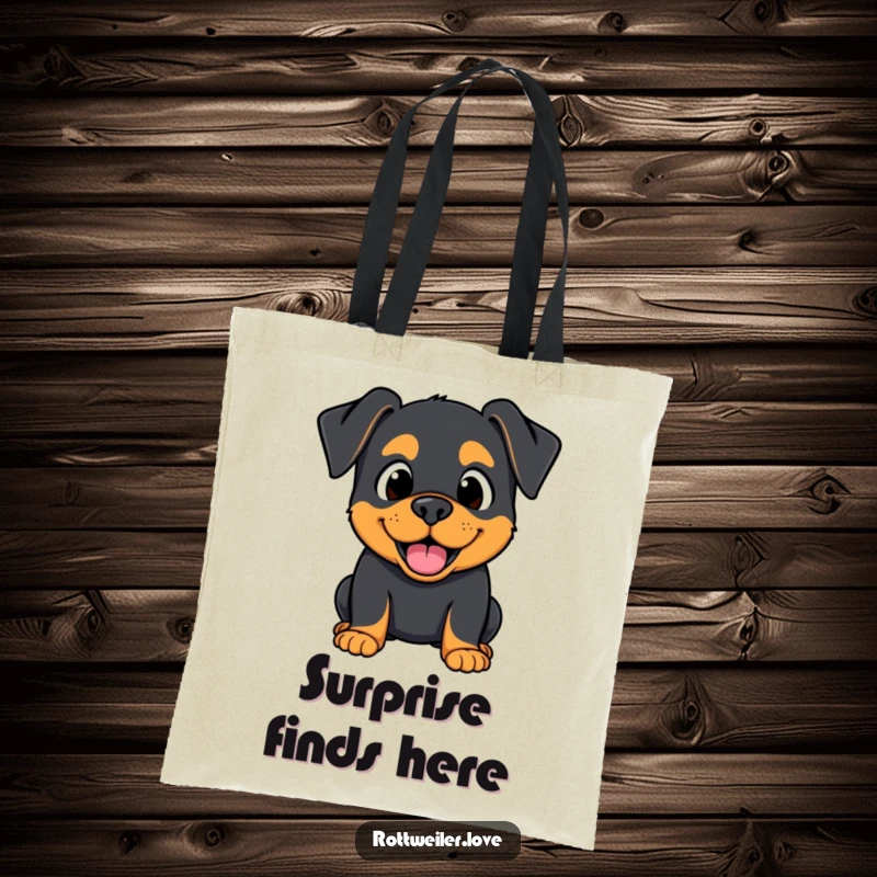 Funny Kawaii Rottweiler tote bag with a surprised but happy expression, perfect for carrying daily items.