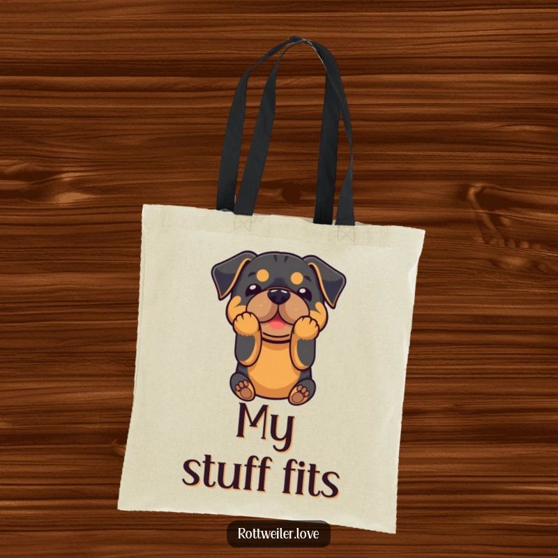 Funny tote bag with a Rottweiler performing a comical bow with its front paws, ideal for carrying items with canine humor.