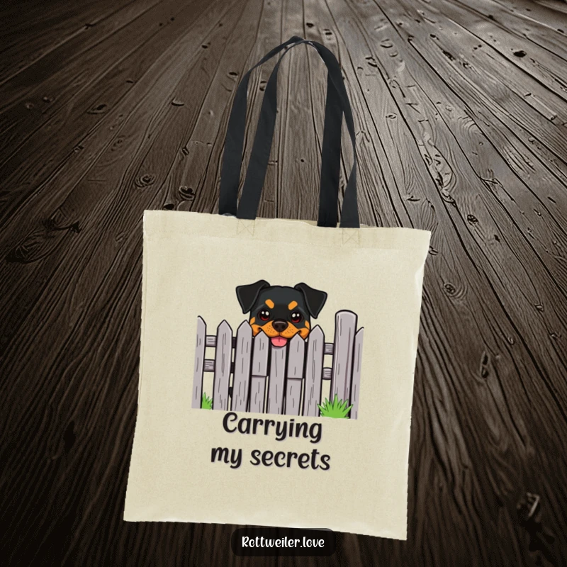 Funny Rottweiler Tote Bag: A Rottweiler with a cheeky grin peeks from behind a sturdy fence, a friendly watchdog.
