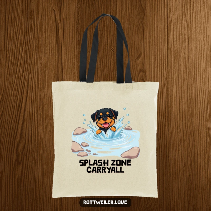 Funny Rottweiler Tote Bag showcasing a dog playfully splashing in a clear, cool stream, ready for adventures.