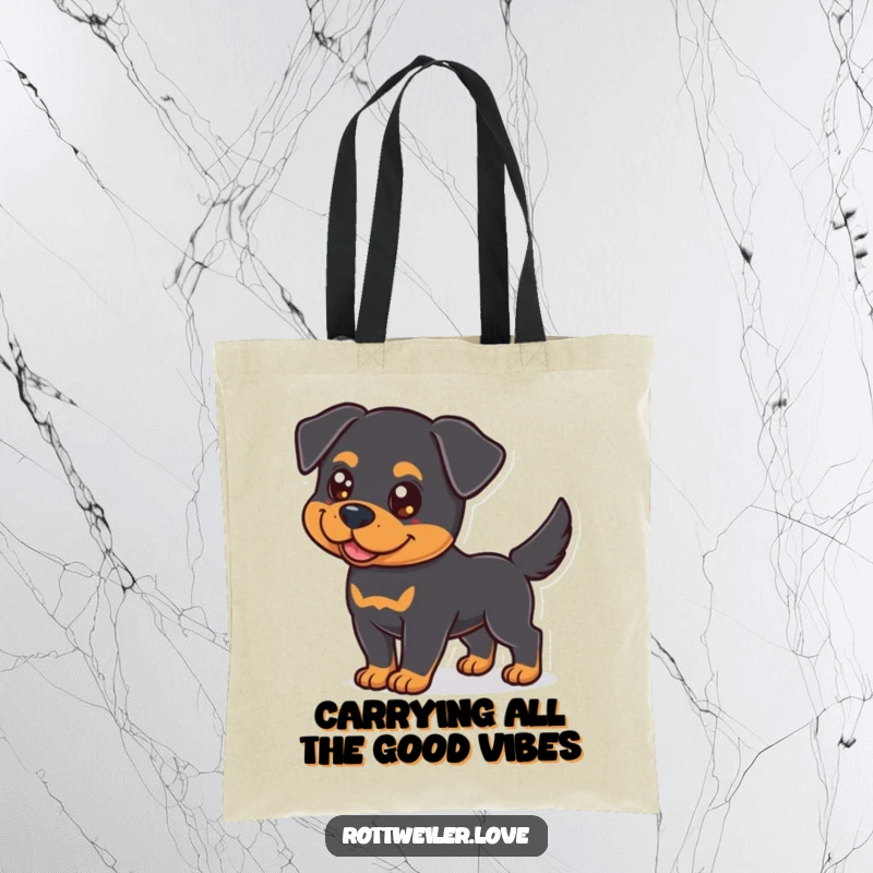 Funny Rottweiler Tote Bag showcasing a dog with bright eyes and a wagging tail, perfect for carrying daily items with a smile.