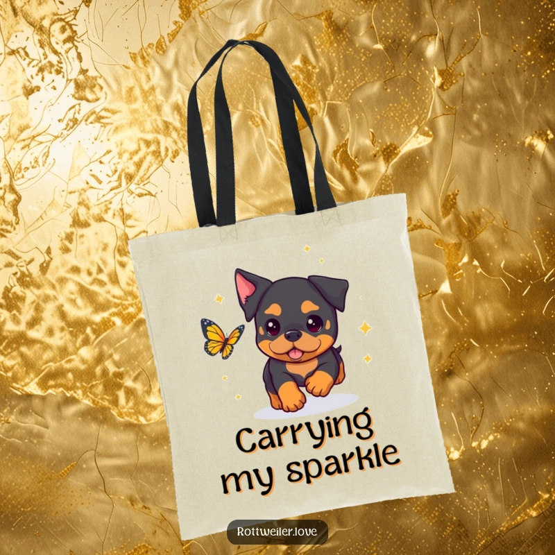 Funny Rottweiler Tote Bag designed with a kawaii rottweiler surrounded by sparkles, playfully chasing a butterfly.