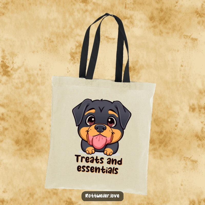 Funny Rottweiler Tote Bag designed with a kawaii rottweiler's wide-eyed concentration as it expertly balances a treat on its nose.
