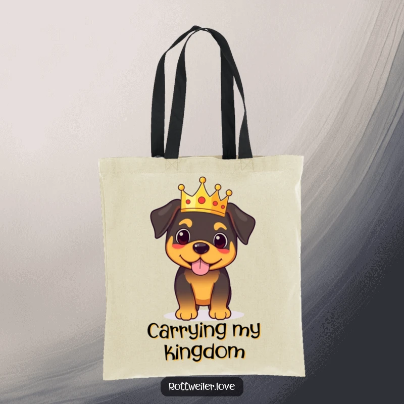 Funny royal rottweiler tote bag depicting a proud dog wearing a tiny crown, perfect for carrying items with regal flair.