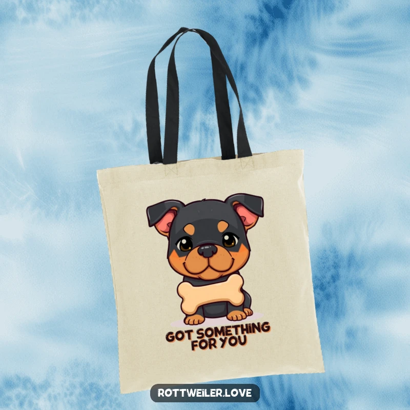 Funny shy Rottweiler dog offering a bone, featuring sweet canine humor on this tote bag.