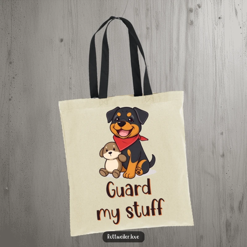 Funny rottweiler tote bag showing a joyful dog wearing a bandana, guarding a plush toy, ideal for humorous and protective carrying.