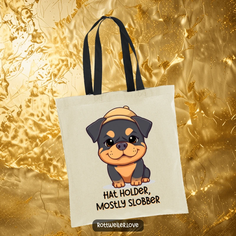 Funny kawaii rottweiler tote bag with a dog making a silly face and wearing a small hat, ideal for carrying items with humor.
