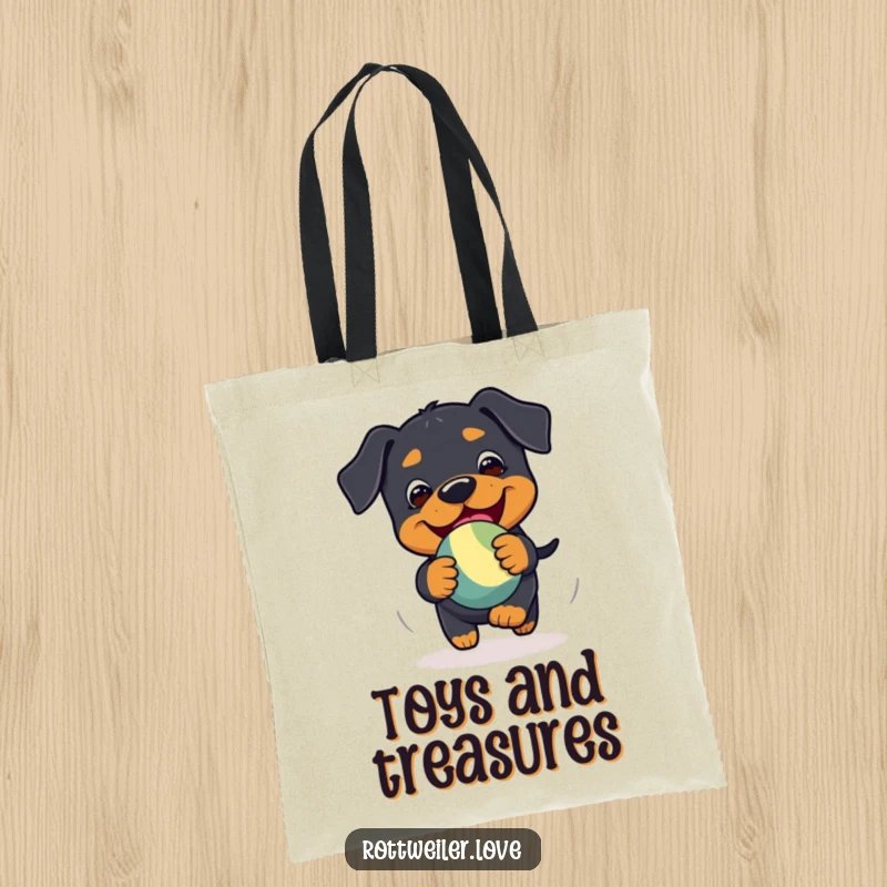 Funny Kawaii Rottweiler tote bag showing a playful chase of a bouncy toy with glee, perfect for happy trips.