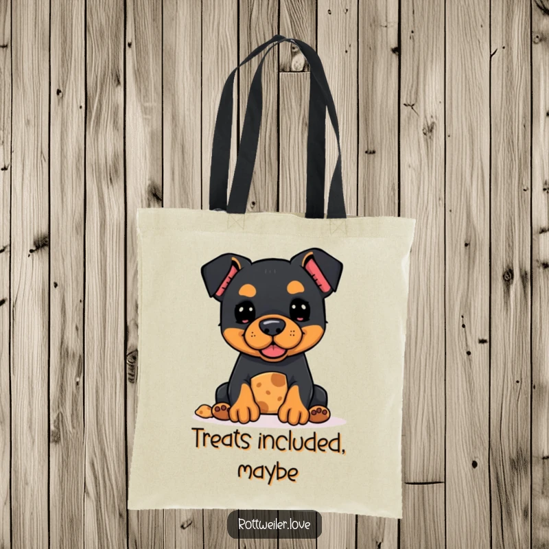 Funny Kawaii Rottweiler tote bag with a cute dog offering a treat, making errands adorable and fun.
